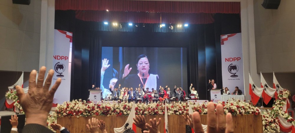NDPP leaders raise their hands in endorsement of the party resolution during the 5th NDPP General Convention in Kohima on February 27. (Morung Photo)